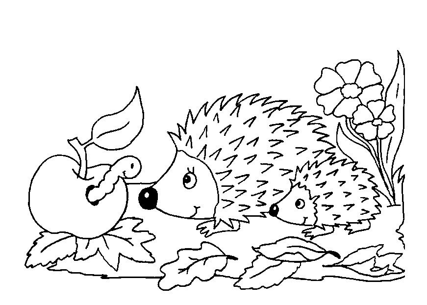 Online coloring book: Coloring page hedgehogs talking to a caterpillar